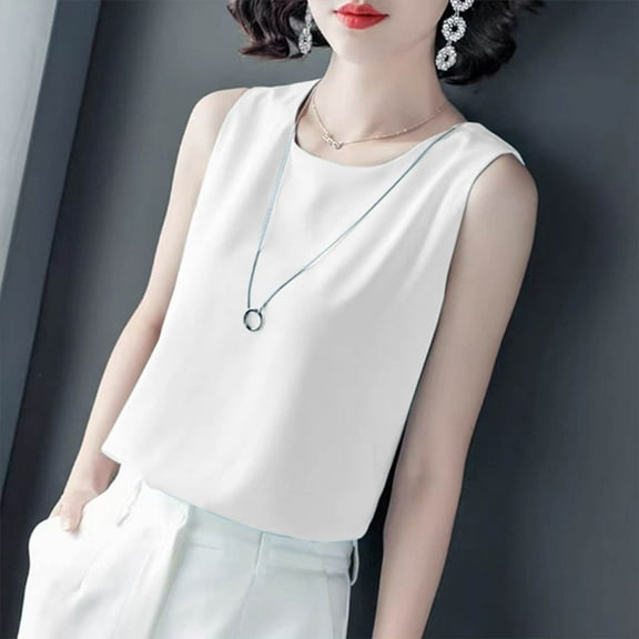 Tank Tops for Women Sleeveless Round-Neck Casual Oversize Solid Color Blouse Tank White XXL