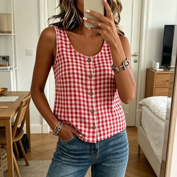 Tank Tops for Women Sleeveless Round Neck Plaid Button Shirts