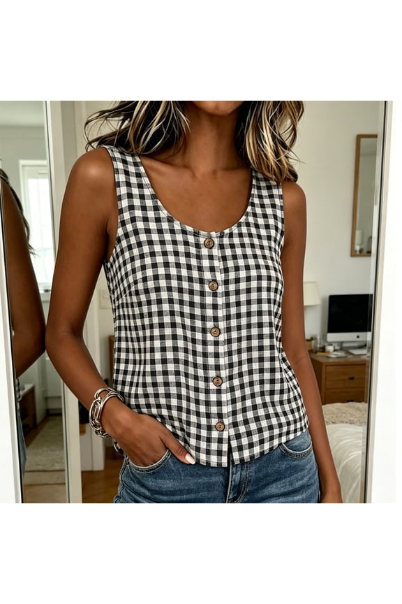 Tank Tops for Women Sleeveless Round Neck Plaid Button Shirts