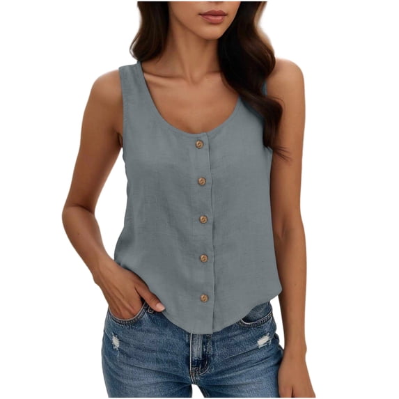 Tank Tops for Women Sleeveless Round Neck Solid Color Button Shirts