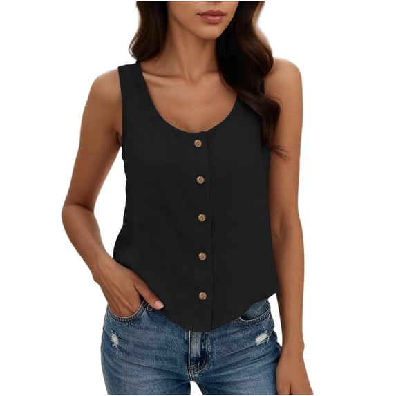 Tank Tops for Women Sleeveless Round Neck Solid Color Button Shirts