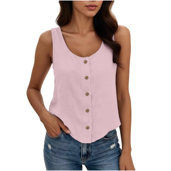 Tank Tops for Women Sleeveless Round Neck Solid Color Button Shirts