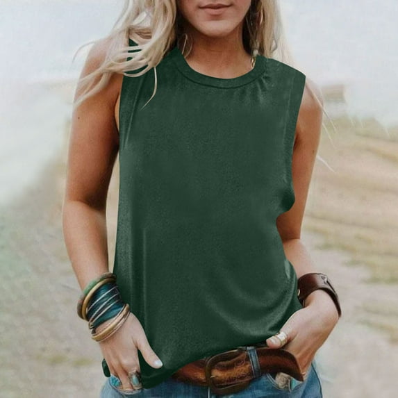 Tank Tops for Women Sleeveless Round Neck Solid Color Casual Shirt Tank Green XXL