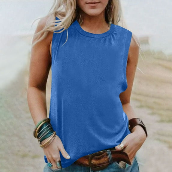 Tank Tops for Women Sleeveless Round Neck Solid Color Shirt Casual Tank Blue XXL