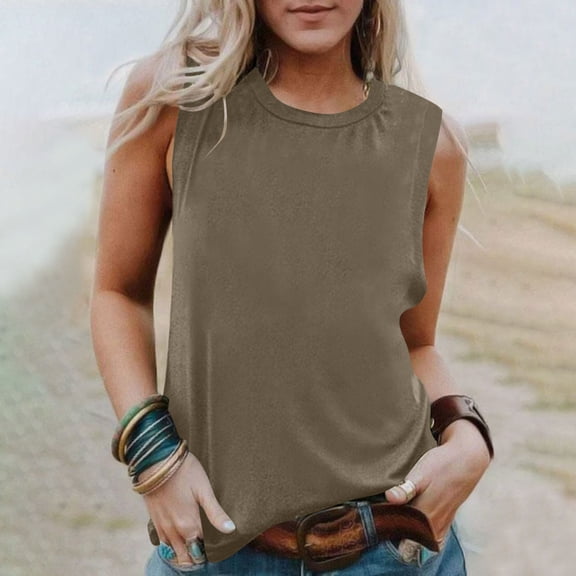 Tank Tops for Women Sleeveless Round Neck Solid Color Shirt Casual Tank Khaki XXL