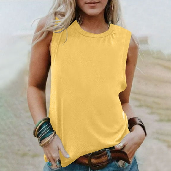 Tank Tops for Women Sleeveless Round Neck Solid Color Shirt Casual Tank Yellow S