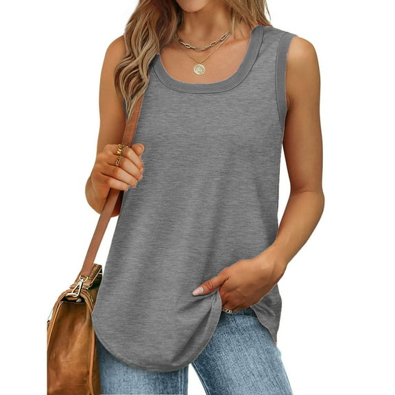 Tank Tops for Women Sleeveless Round Neck Summer Solid Color Casual Tee Tank Gray S