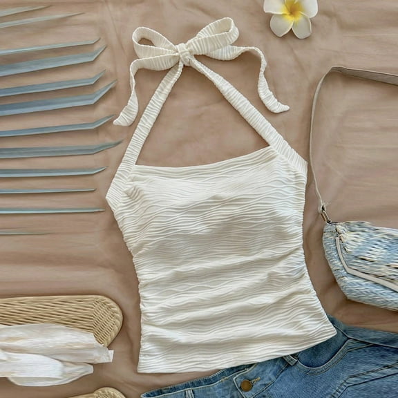 Tank Tops for Women Sleeveless Solid Color Hanging Neck Tie vest White S