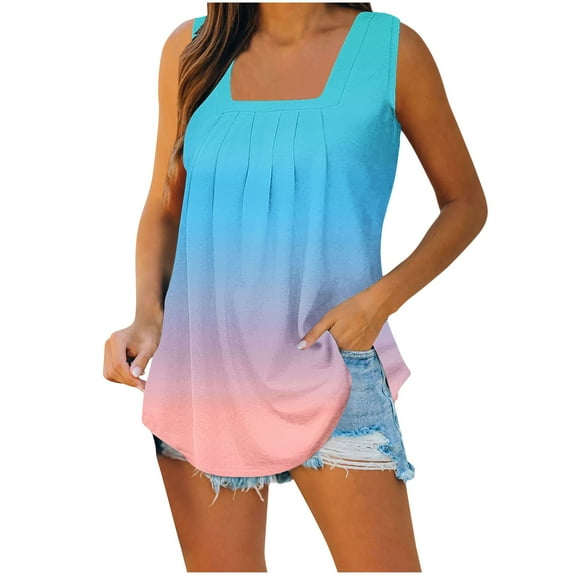 Tank Tops for Women Sleeveless Square Collar Gradient Pinted Loose T-shirt Blue S