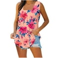 thumbnail image 1 of Tank Tops for Women Sleeveless Square Collar Pleats Floral Pinted Loose T-shirt &Pink XXL, 1 of 6