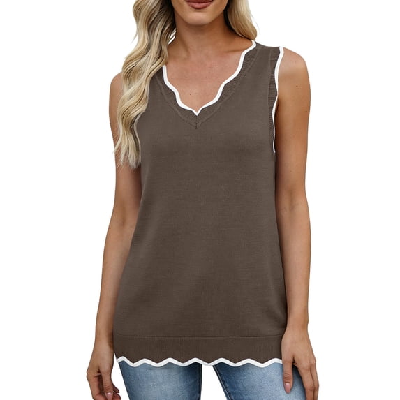 Tank Tops for Women Sleeveless Summer Tops Spring Fashion Lightweight Sweater Vest V Neck Business Casual Outfits Brown