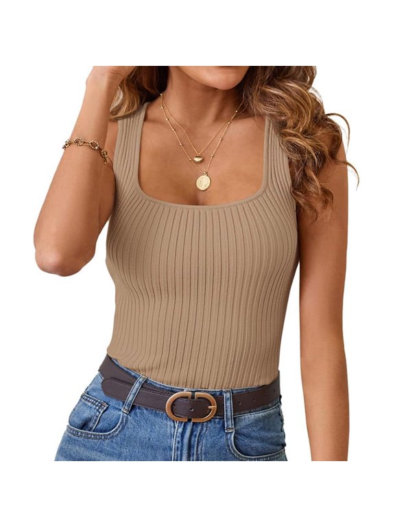 Tank Tops for Women Sleeveless U-Neck Solid Color Summer Casual Tank Khaki S