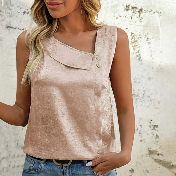 Tank Tops for Women Sleeveless V-Neck Button Collar Solid Color Casual Blouse Pink XXL