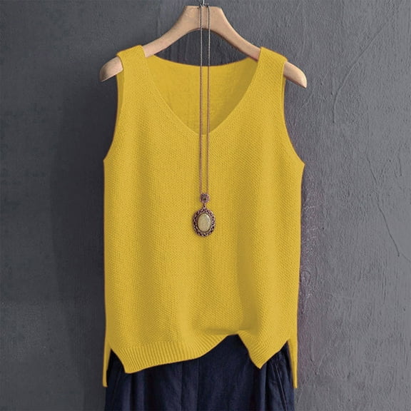 Tank Tops for Women Sleeveless V-Neck Casual Oversize Solid Color Blouse Tank Yellow XXL
