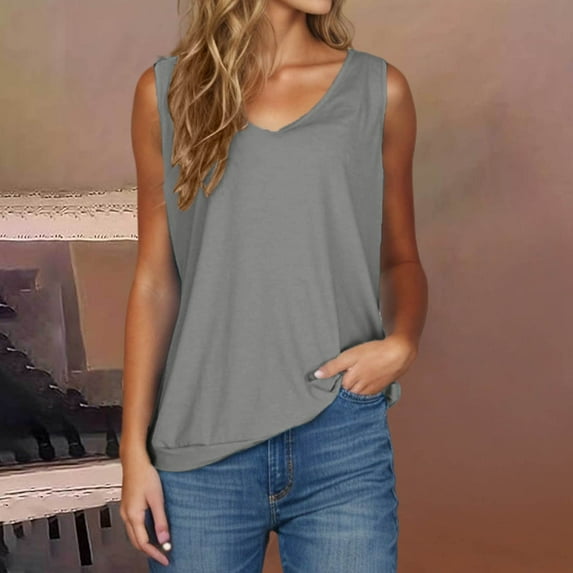 Tank Tops for Women Sleeveless V-neck Solid Color Loose Casual Camisole Gray S