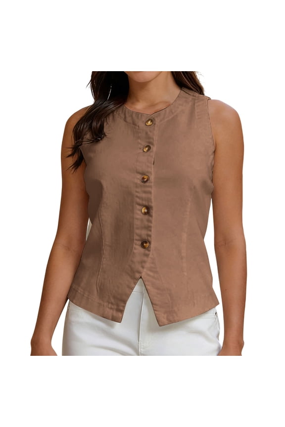 Tank Tops for Women Solid Color Cotton Linen Blazer Style Button Down Top Beach Vacations Sports and Fitness Social Gatherings