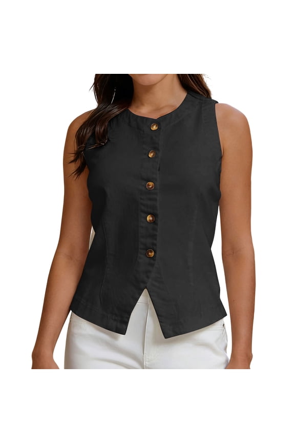 Tank Tops for Women Solid Color Cotton Linen Blazer Style Button Down Top Everyday Wear Sports Fitness Versatile