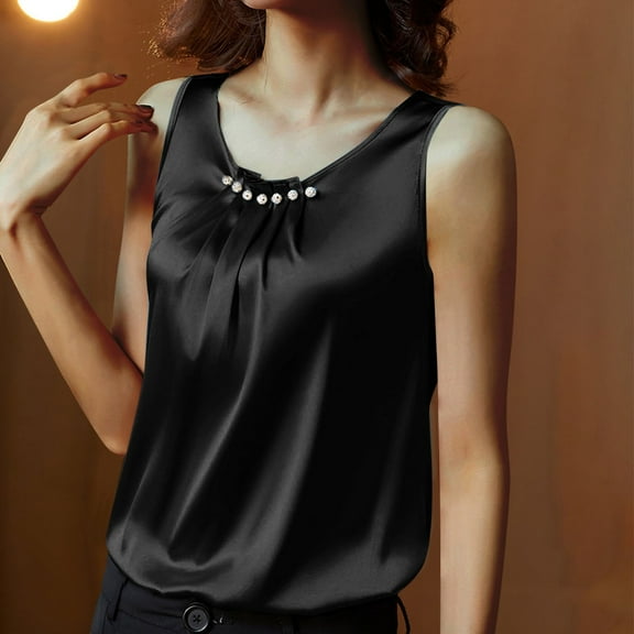 Tank Tops for Women Solid Color Satin Beaded Embellished Pleated Round Neck Vest Black 2XL