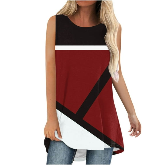 Tank Tops for Women Splicing Color Summer Casual T Shirt Printed Round Neck Sleeveless Pullover Blouse