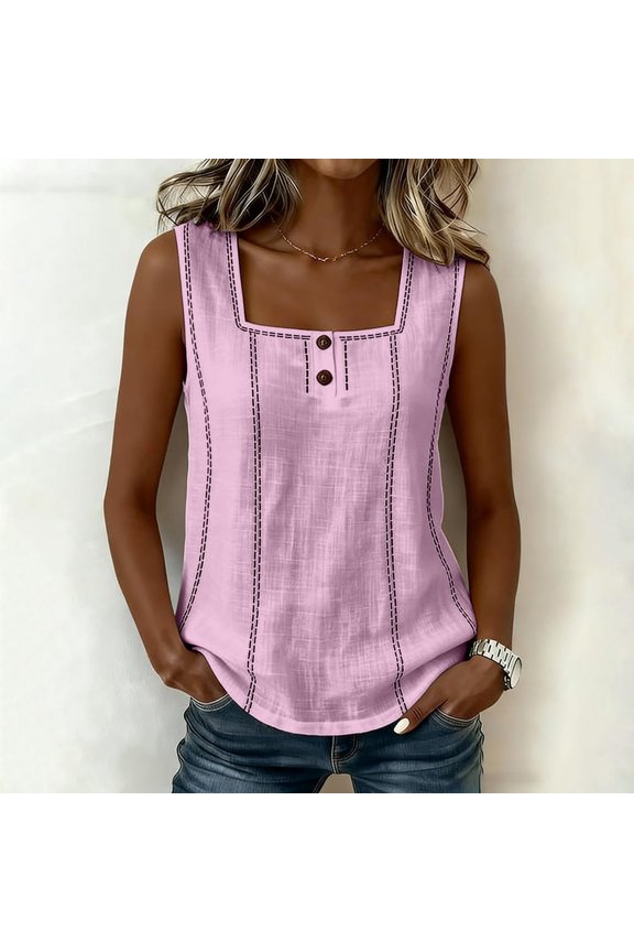 Tank Tops for Women Square Neck Button Down Sleeveless Tank Tops,Loose Fit Casual Summer Blouses,Trendy Going Out Shirts for Women 2026 Pink XXL
