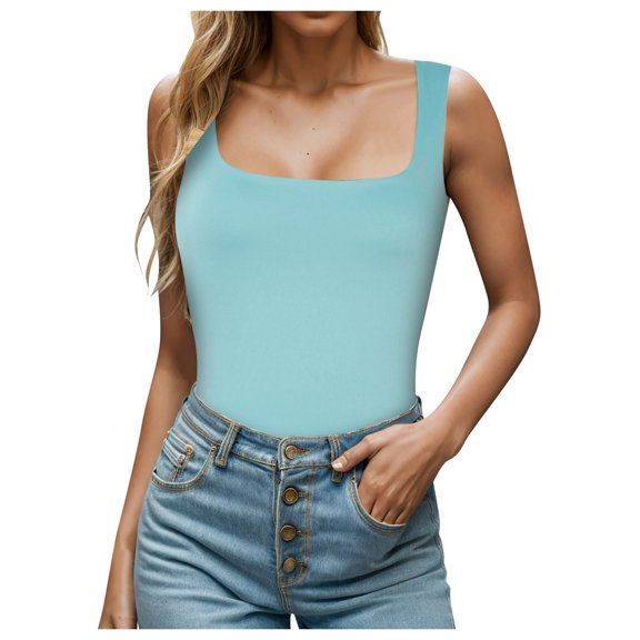 Tank Tops for Women,Square Neck Sleeveless Tight Fitted Double Layer Camisole Top,Camisole Tops for Women,Light Blue,XL