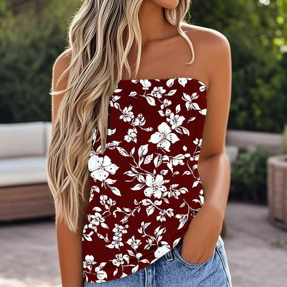 Tank Tops for Women Strapless Sleeveless Printing Bandeau Tank Summer Casual Summer Wear Red S