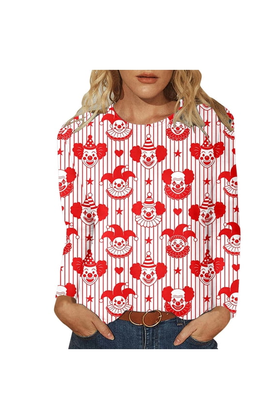 Tank Tops for Women Striped Clown Print Long Sleeve Crewneck Soft Blended Womens Undershirts,Red,L