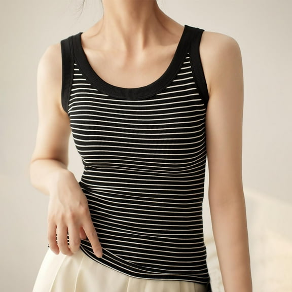 Tank Tops for Women Striped Vest Stripe Peplum Outer Inner Bottom Round Neck Camisole Vest Black 2XL