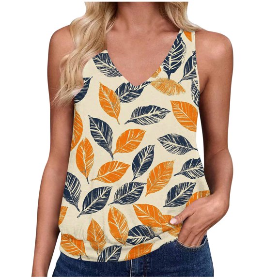 Tank Tops for Women Summer Casual Floral Printed V Neck Sleeveless Plus Size Shirts Fashion Loose Fit Blouses (S, Yellow)