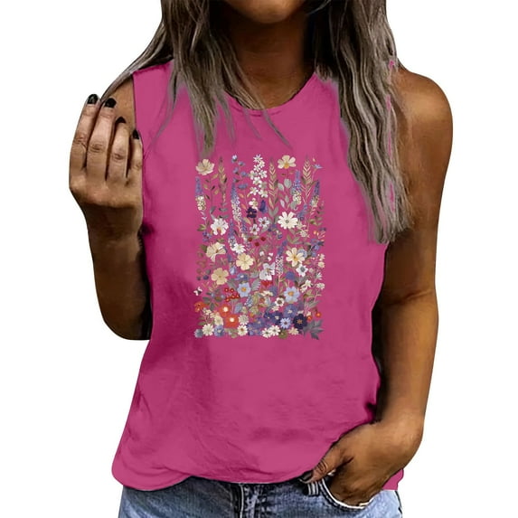 Tank Tops for Women Summer Casual Round Neck Short Sleeved Printed Graphic Tees Loose Sleeveless T Shirt