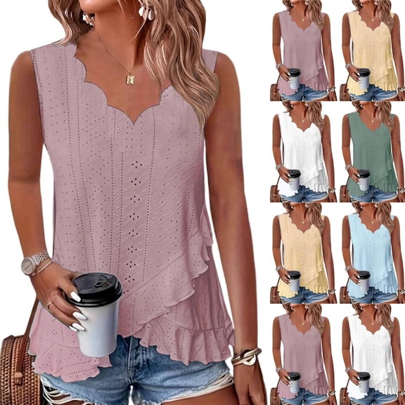 Tank Tops for Women Summer Irregular Ruffles Hem Sleeveless Shirts Eyelet Scalloped Dressy Casual Vacation Blouses Pink S
