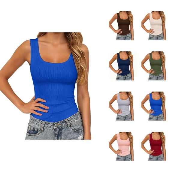 Tank Tops for Women Summer Scoop Neck Slim Fit Ribbed Plain Sleeveless Shirt Casual Basic Tanks