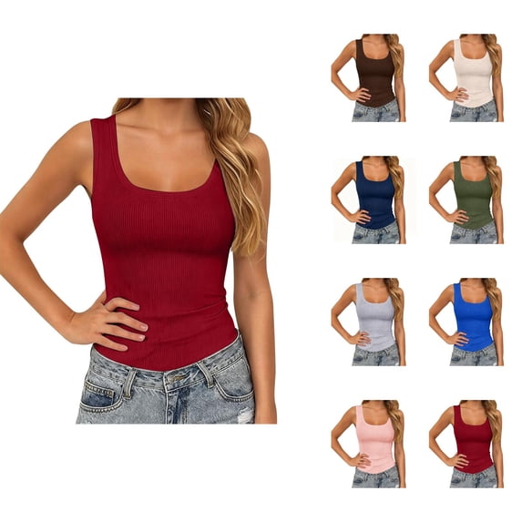 Tank Tops for Women Summer Scoop Neck Slim Fit Ribbed Plain Sleeveless Shirt Casual Basic Tanks