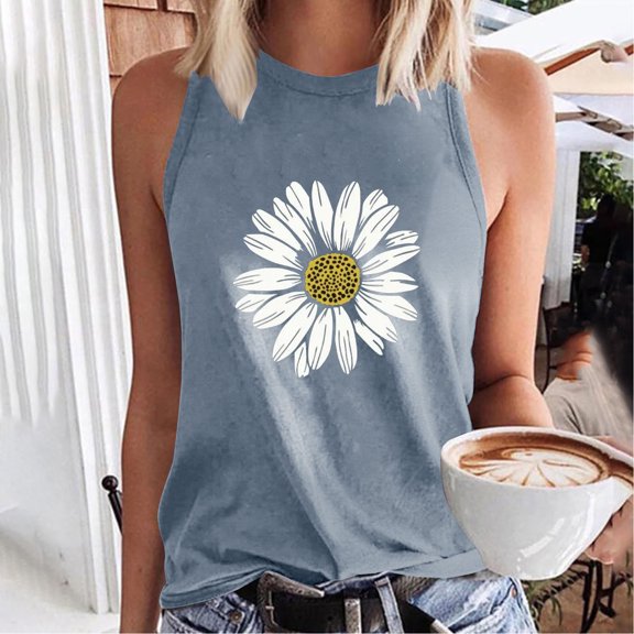 Tank Tops for Women Summer Sleeveless Round Neck Regular Daisy Printed Top Gray XXL