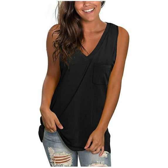 Tank Tops for Women Summer Trendy V Neck Sleeveless Tee Shirts Women Casual Solid Loose Fit Tee Tanks with Pocket