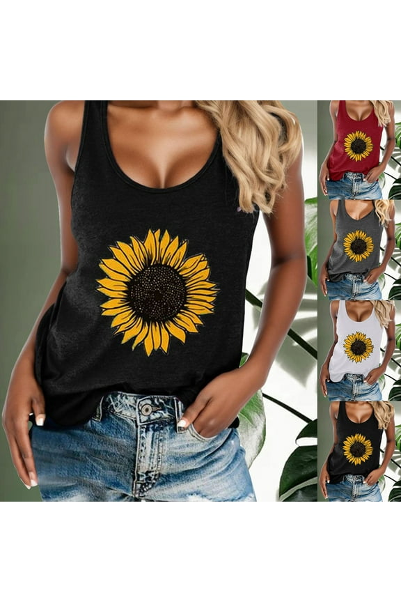 Tank Tops for Women Sunflower Print Crew Neck Sleeveless Plus Size Racerback T Shirt Basic Cami Shirts S