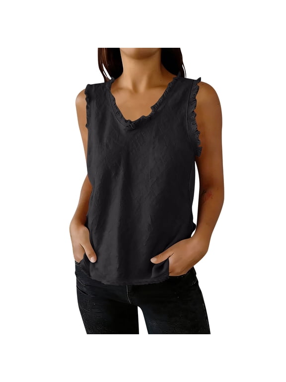 Tank Tops for Women Tassel Trim Distressed Casual Linen Shirts Sleeveless Ruffled V Neck Raw-Edged Blouse Distressed Raw Edge Linen Look Top