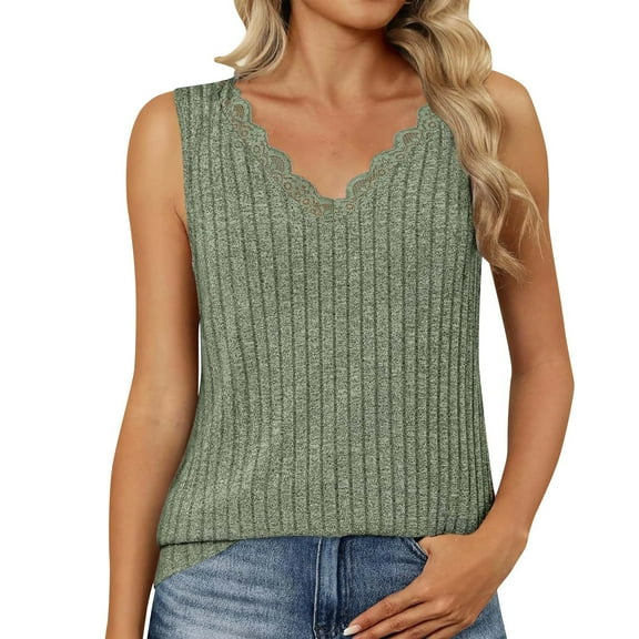 Tank Tops for Women Trendy Lace V Neck Knit Sleeveless T Shirts Work Casual Solid Color Loose Summer Blouses (2XL, Green)