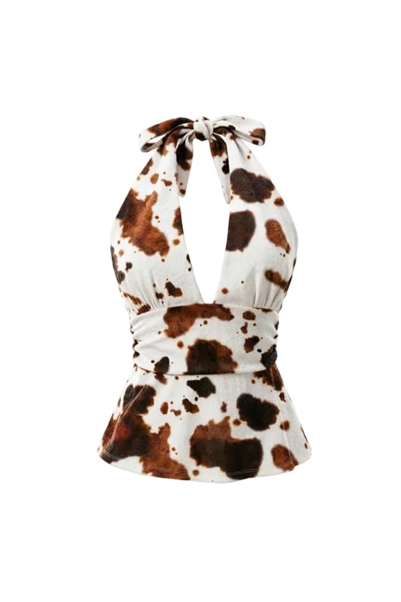 Tank Tops for Women Trendy Print Ruched Halter Top Sleeveless Wrap Neck Tie Back Ruffle Crop Slim Fit Stomach Control Camisole Coffee S