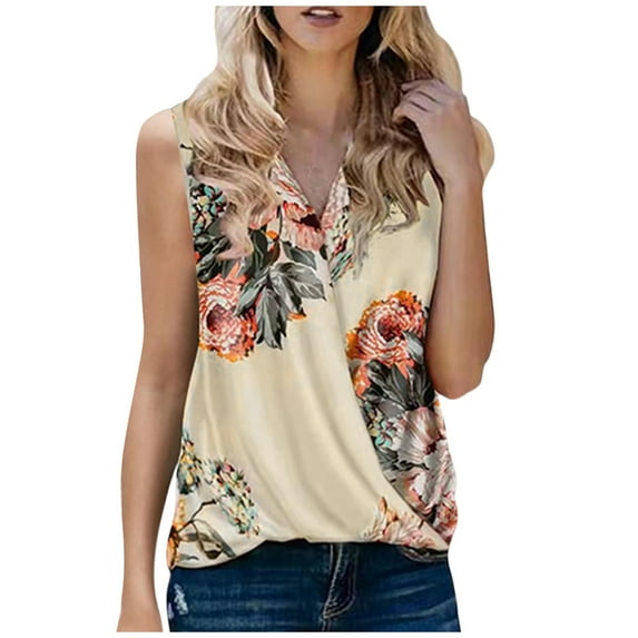 Tank Tops for Women Under $10,AXXD V-neck Sleeveless Printed Summer Tank With Built In Bra for Women Beige 12