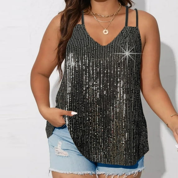 Tank Tops for Women V-Neck Sequin Sleeveless Plus Size Solid Color Tank Top Black 2XL