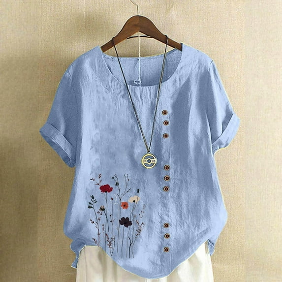 Tank Tops for Women Women Casual And Linen Round-Neck Printed Short Sleeve Button T-shirt Blouse Summer Blouses Light Blue 4XL