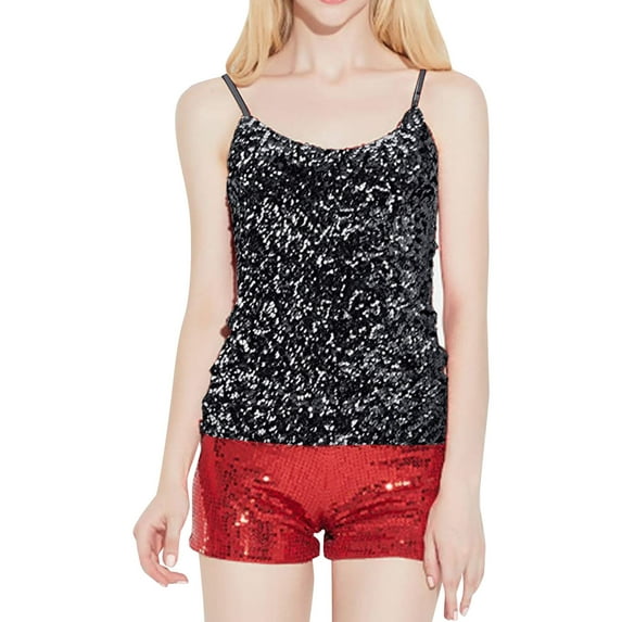Tank Tops for Women Women's Sequin Glitter Sleeveless Halter Camisole Adjustable Straps Party Performance Tank Top Black