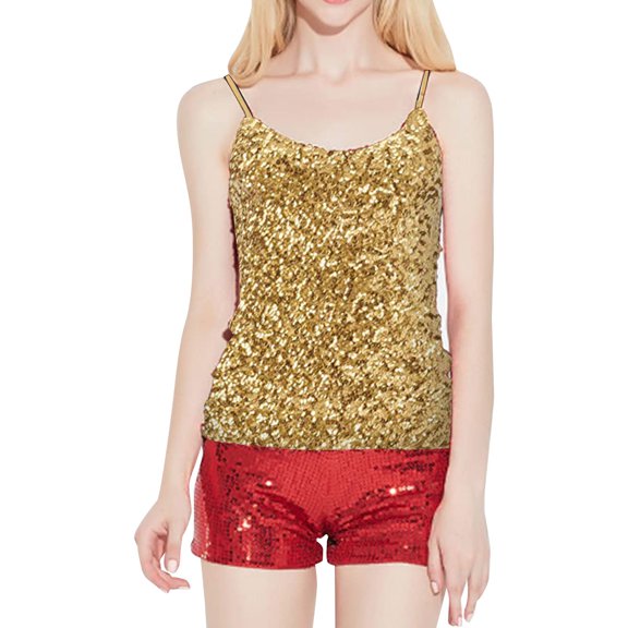 Tank Tops for Women Women's Sequin Glitter Sleeveless Halter Camisole Adjustable Straps Party Performance Tank Top Gold