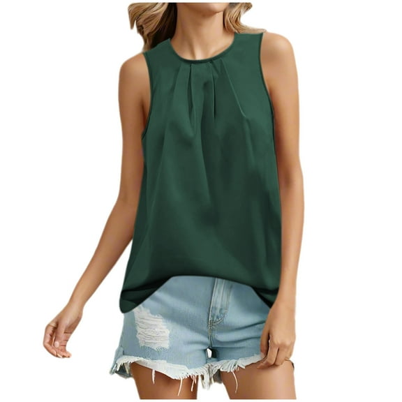 Tank Tops for Women, Women's Sleeveless Tank Tops Pleated Crew Neck Dressy Casual Flowy Shirts Summer Lightweight Loose Fit Work Blouses