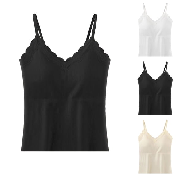 Tank Tops for Women Women's Solid Color Lace-Trimmed Camisole Top With Built-In Bra Pads Can Be Worn As Outerwear Black S