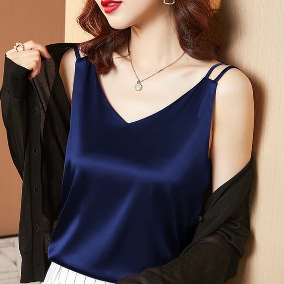 Tank Tops for Women Women's Summer Casual V-Neck Solid Color Silk Sleeveless Loose T-Shirt Tank Tops Tank Top Kagetolytai Blue XL
