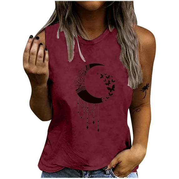 Tank Tops for Women, Womens Summer Cami O Neck Graphic Print Tunic Tees Trendy Casual Loose Tops Sleeveless Blouses