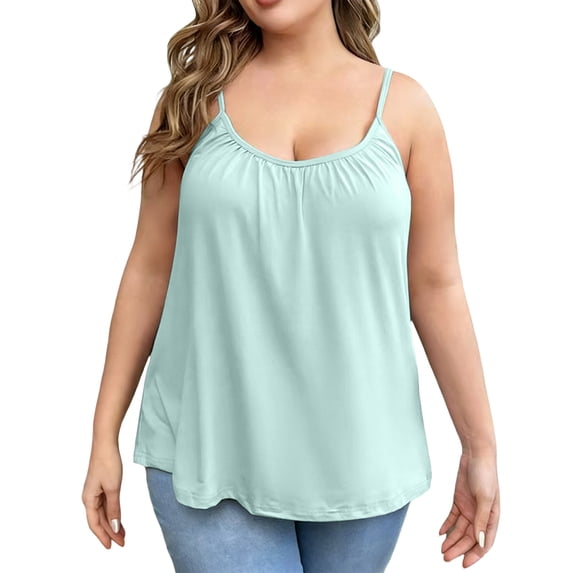 Tank Tops for Women Plus Size Spaghetti Strap Ruched Neckline Loose Fit Flowy Summer Casual Cami Green XL