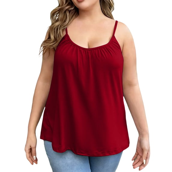 Tank Tops for Women Plus Size Spaghetti Strap Ruched Neckline Loose Fit Flowy Summer Casual Cami Red 5XL
